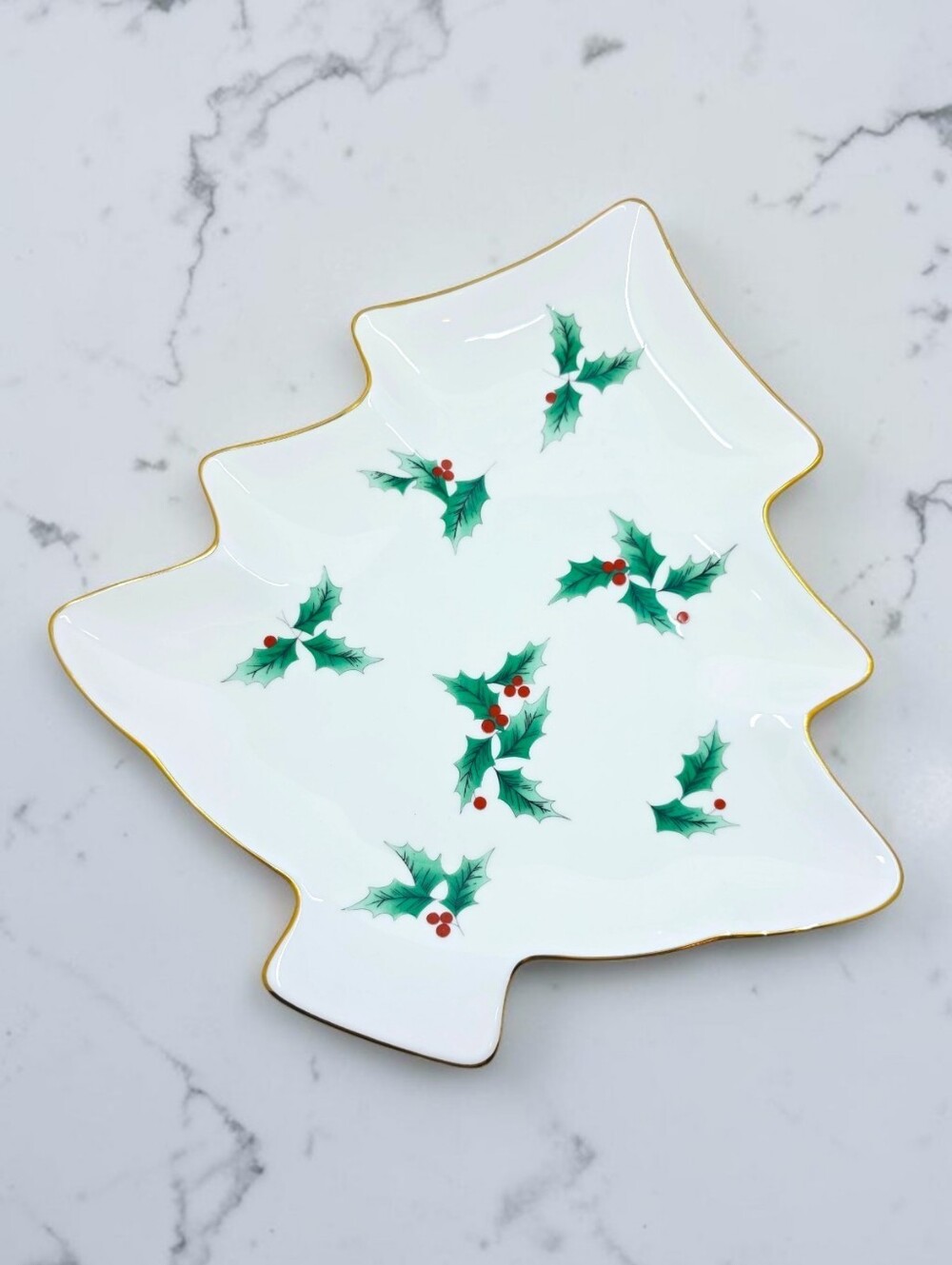 Mikasa Ribbon Holly Large Tree Shaped Dish Tray Gold Edge Bone China